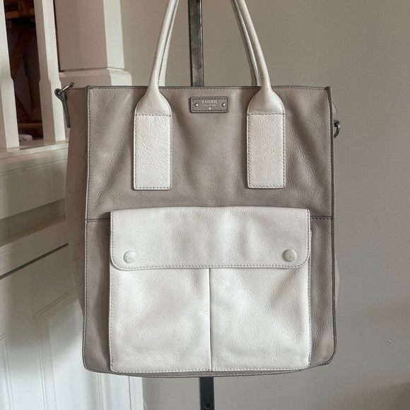 Fossil Leather Tote Bag – Taupe & White - Picture 1 of 10
